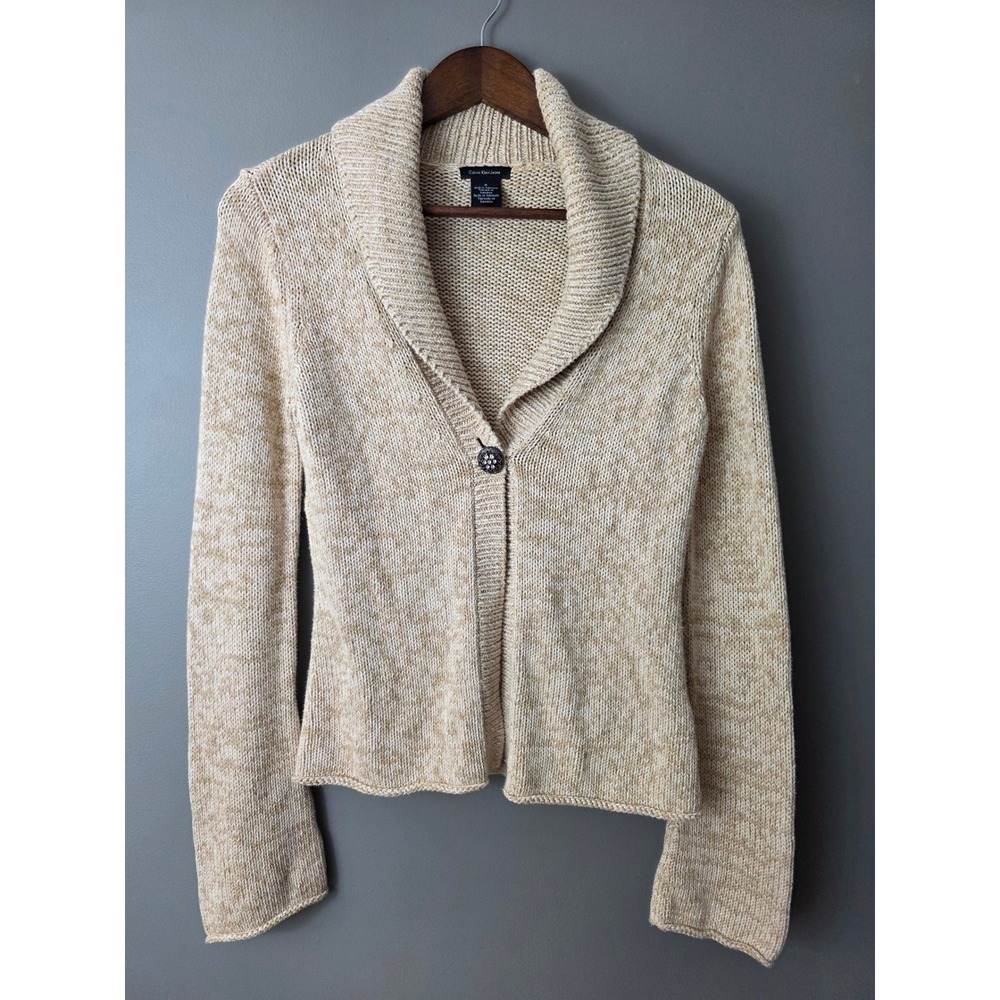 Calvin Klein Jeans Tan Marled Cotton Shawl Collar Cardigan Sweater Rhinestone M
